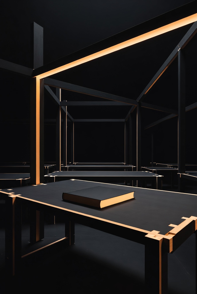 A black and tan architectural playbook scene staged inside a precise doorway frame.