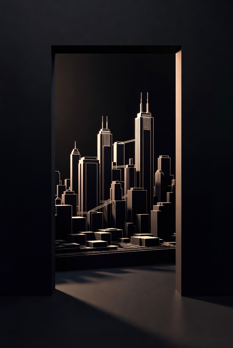 A black and tan architectural doorway opening into a precise Chicago skyline model.