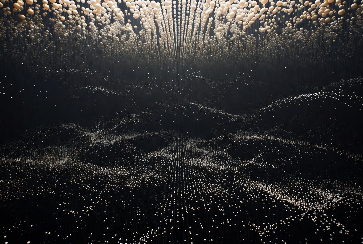 Thousands of suspended light points forming a dark spatial field.