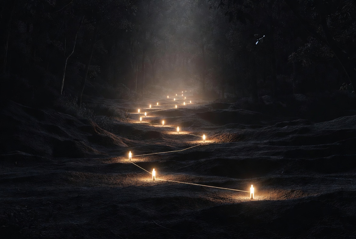 A dark path marked by small lights and a thin line.