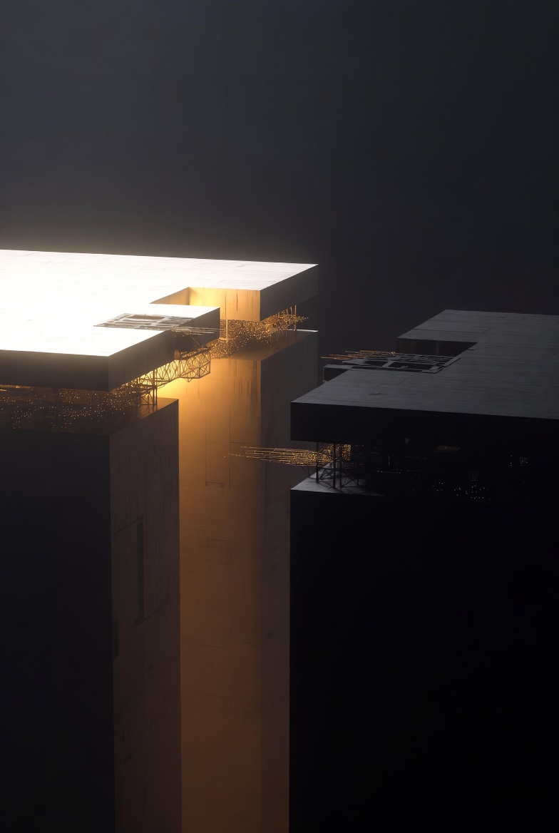 A glowing architectural gap between two dark structures.